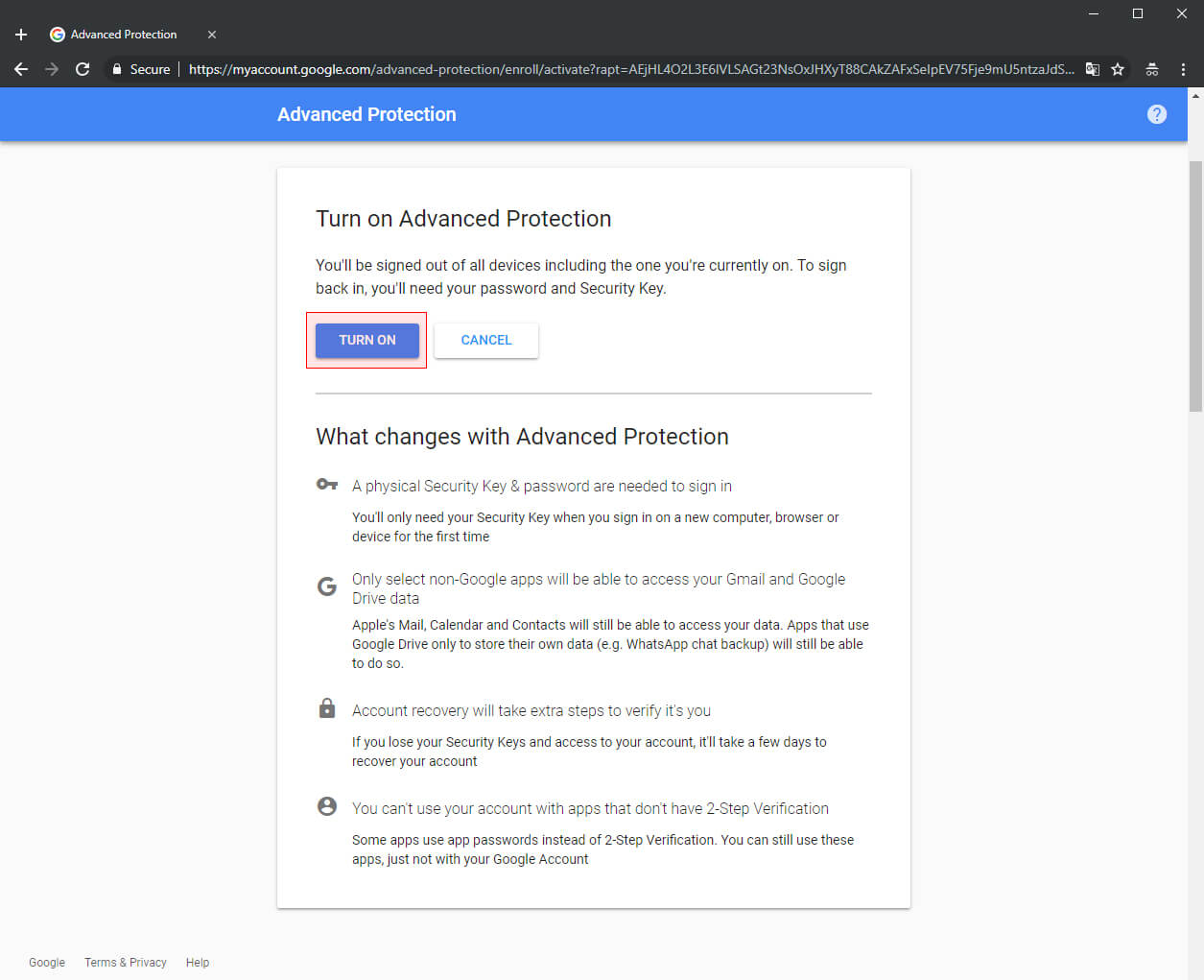 تایید نهایی فعال‌سازی Advanced Protection
