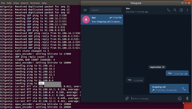 نمونه آزمایش تماس صوتی در تلگرام دسکتاپ که موجب نشت آی‌پی می‌شود
