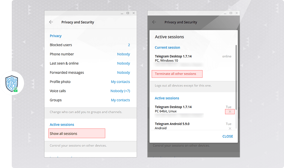 تنظیمات نشست‌های فعال در تلگرام