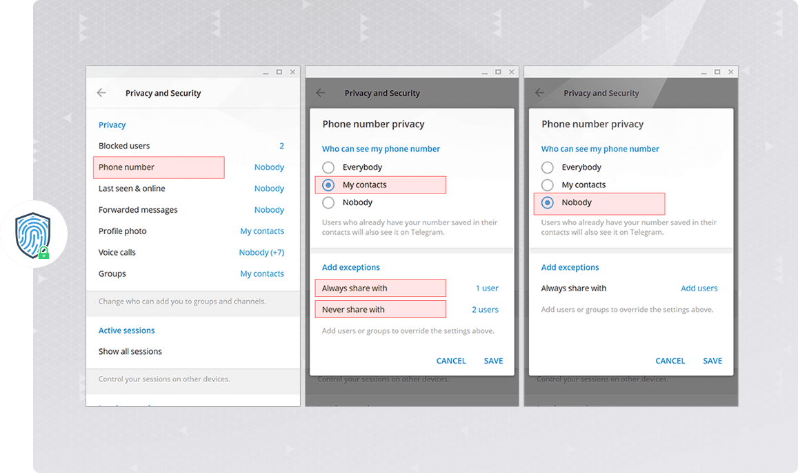 تنظیمات مدیریت نمایش شماره تلفن به مخاطبان در تلگرام