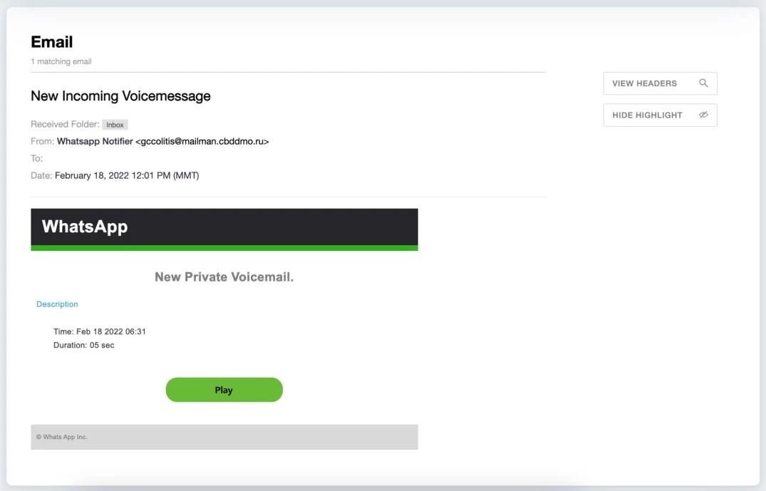 ایمیل‌های فیشینگ پیام صوتی واتساپ برای توزیع بدافزار و سرقت اطلاعات
